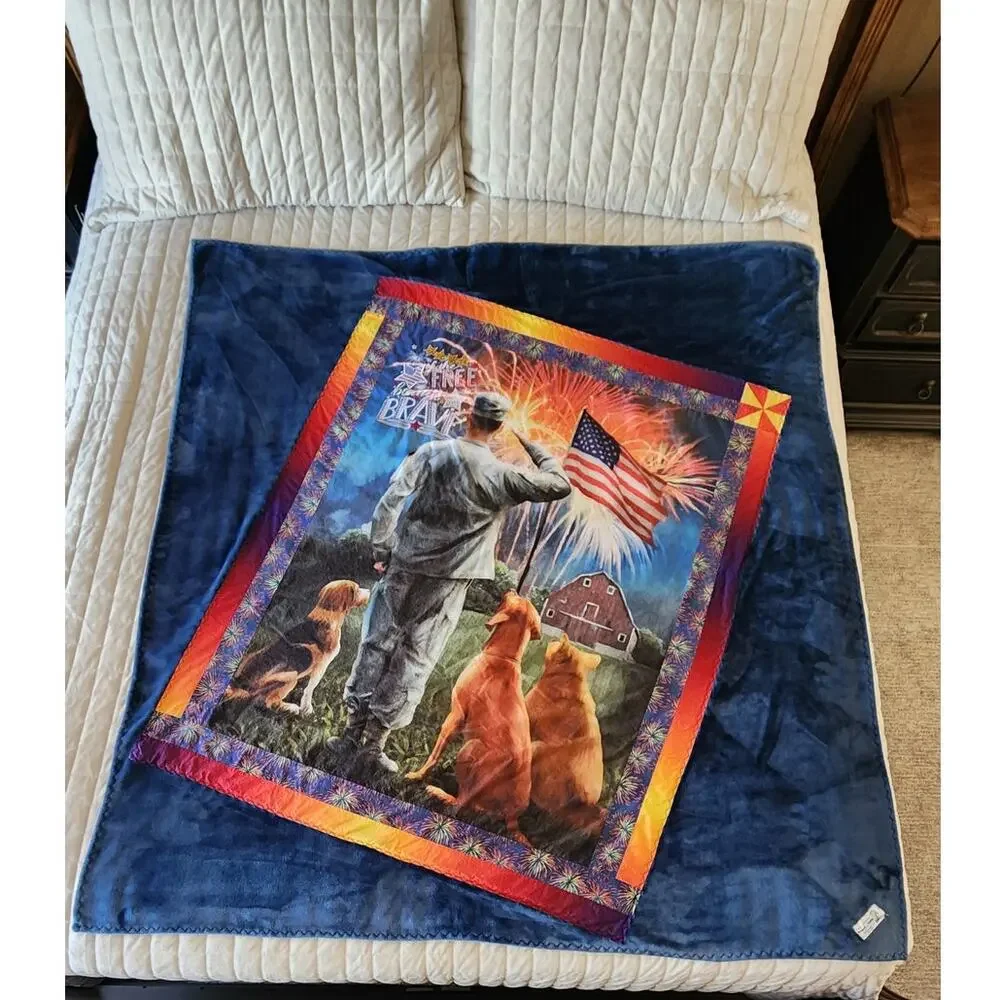 Patriotic Home of Brave Military Americana Project Linus Blue Blanket 57x63